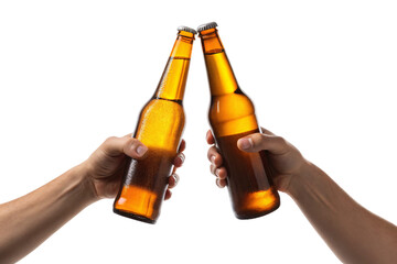Two hands toasting with brown beer bottles creating celebratory cheers moment with lighting effects, isolated on a transparent background
