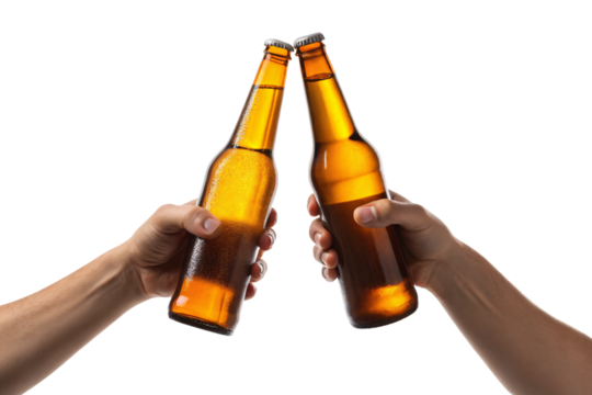 Two hands toasting with brown beer bottles creating celebratory cheers moment with lighting effects, isolated on a transparent background