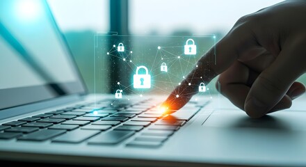 Hand Pressing Keyboard Key with Digital Security Lock Icons Overlay