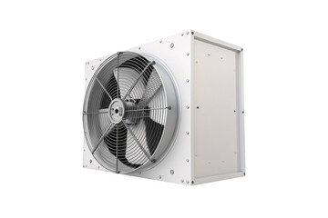 Box fan unit with large diameter impeller and rectangular housing for industrial air movement, isolated on a transparent background