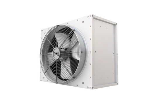 Box fan unit with large diameter impeller and rectangular housing for industrial air movement, isolated on a transparent background