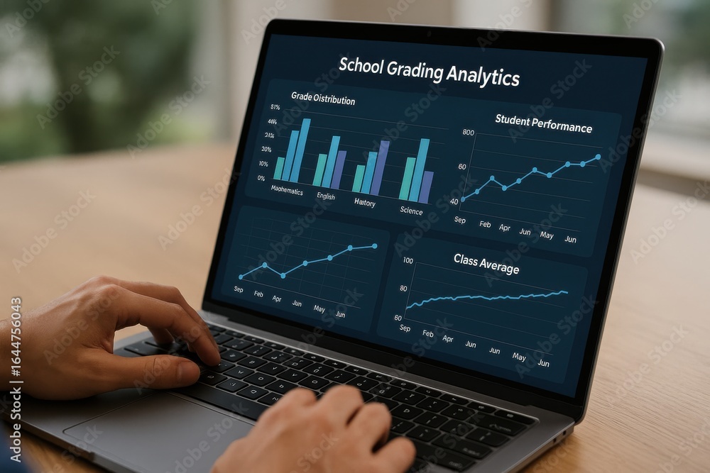 Poster school grading analytics interface with grade distribution and student performance graphs