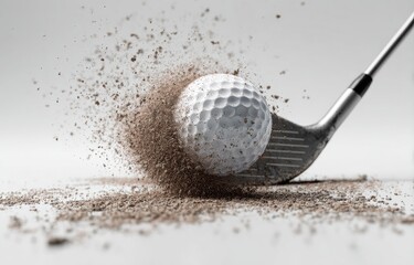 Golf ball struck, sending brown earth particles flying.  Metal golf club head impacting the ball, causing a dramatic dust explosion.  Close-up view on a light gray background