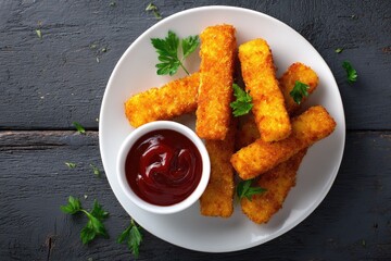 Crispy, golden-brown breaded fish fingers on a white plate, accompanied by a small bowl of ketchup and fresh parsley