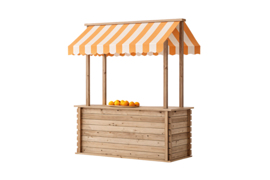 Traditional wooden produce booth featuring orange striped awning with scalloped edges and fresh oranges, isolated on a transparent background