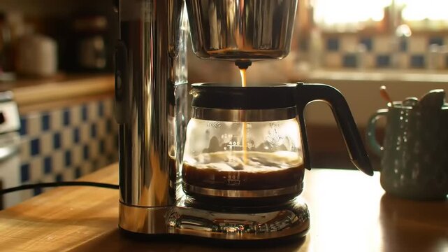 Coffee brewing in a modern coffee maker on a wooden countertop with a cozy kitchen backdrop
