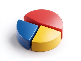 Obraz premium 3-part pie chart graphic. Colorful segments of red, blue, and yellow create a 3D pie chart on a white background. The chart segments are distinct and appear glossy
