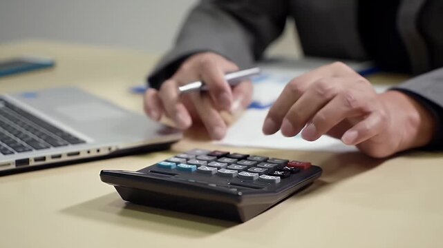 Close Up Of Person Using Calculator With Laptop And Financial Report On Neutral Table Under Warm Lighting For Finance