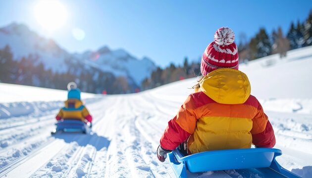 雪山のゲレンデでソリを楽しむ子供