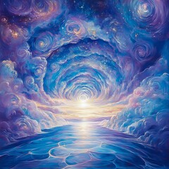 Celestial Echoes VII Repeating patterns of cosmic light that ripple across a surreal sky rhythmic and expansive