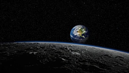 A view of earth from the moon with stars in the background and the lunar surface visible below
