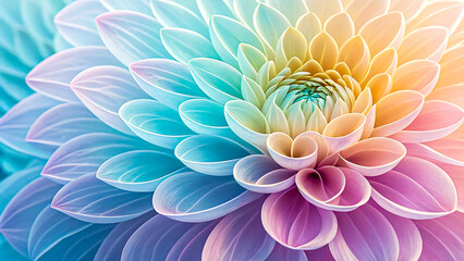 Obraz premium Stunning close-up of a vibrant dahlia flower showcasing a gradient of soft blues, greens, yellows, and pinks