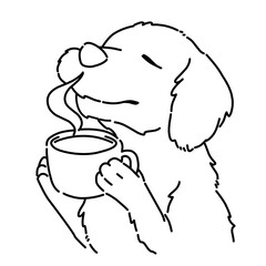 Dog with cup of coffee vector line art outline illustration.