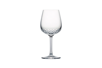 Wine glass with etched diamond pattern at bottom transitioning to smooth clear crystal bowl, isolated on a transparent background