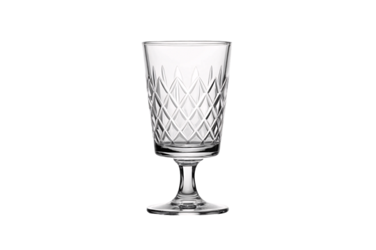 Cut crystal wine goblet with diamond crosshatch pattern on stem base for elegant dining, isolated on a transparent background