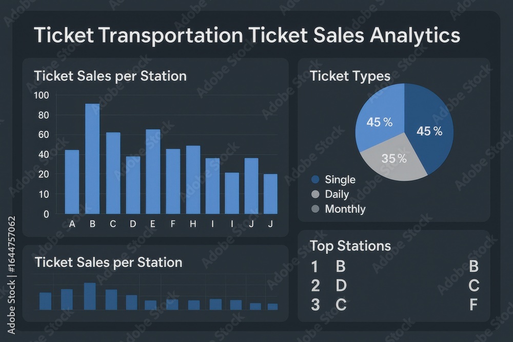 Aufkleber ticket sales analytics dashboard for public transportation with station data and ticket type breakdo