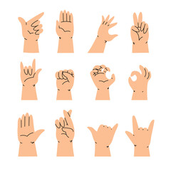 Flat modern style hands showcasing a variety of fun and expressive gestures. Creative cartoon design. Vector illustrations isolated on white background. 
