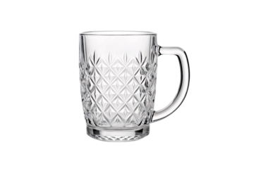 Traditional beer tankard featuring detailed crosshatch diamond pattern cut throughout the entire glass body, isolated on a transparent background