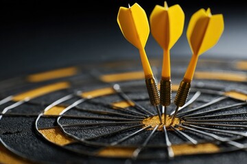 Three yellow darts lodged in a dartboard's bullseye