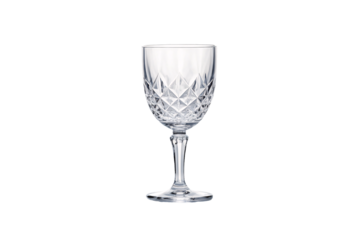 Wine goblet with diamond crosshatch pattern cut into lower bowl on elegant stemmed base, isolated on a transparent background