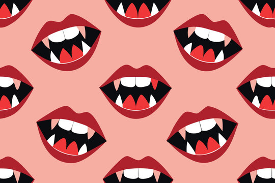 Seamless Vampire Lips Pattern Red Lipstick, Fangs, Black Mouths, and Light Pink Background
