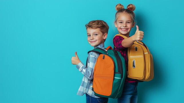 Boy and girl with backpacks, smiling and giving thumbs up on a blue background