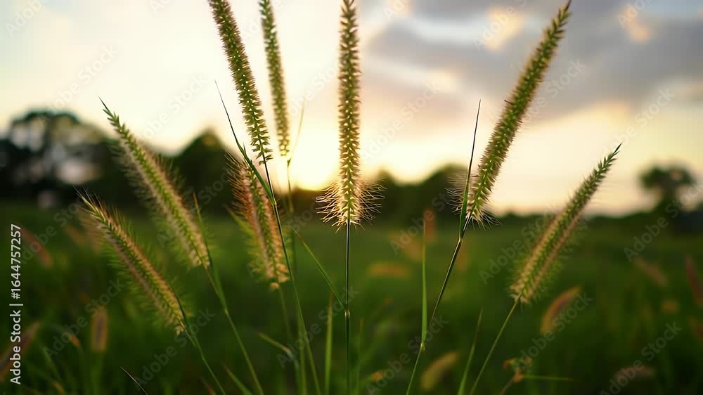 Aufkleber close up of tall grass with sunlight in a green field at golden hour and soft bokeh background