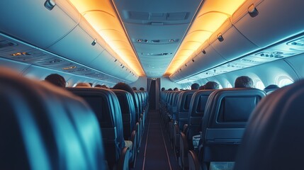 Fototapeta premium An economy class cabin bustling with passengers, illuminated by bright natural daylight, captured in stunning ultra HD clarity.