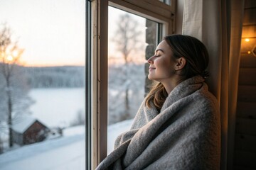 A woman is sitting by a window, wrapped in a blanket