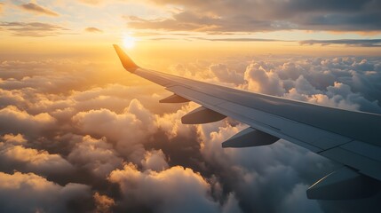 Obraz premium A stunning aerial view captures a passenger plane soaring above the clouds during the golden hour, showcasing its wing in ultra HD clarity.
