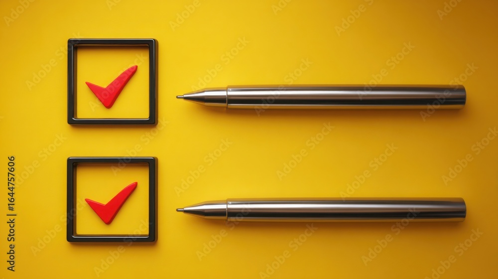 Poster two pens and a check mark signifying decentralized structure phase entry checklist icon concept for 