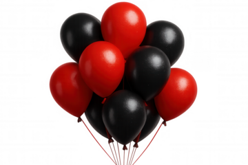 Red and black balloons floating freely, creating vibrant party atmosphere against transparent backdrop for celebratory events