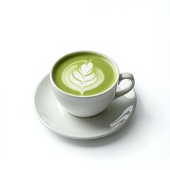 Creamy Matcha Latte in White Cup Isolated on White