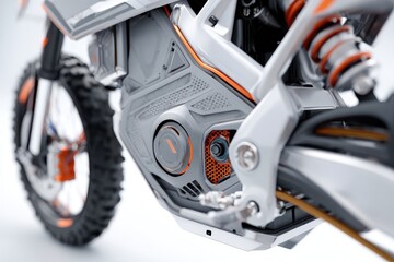 Close-up of futuristic off-road motorcycle's undercarriage.  Modern, silver and orange components.  Visible motor, suspension, and wheel