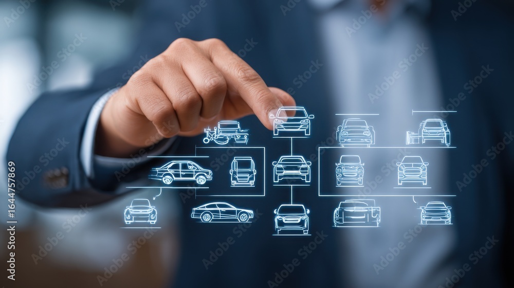 Poster man in a suit pointing at a line of cars illustrating economic driver matrix in a professional conte