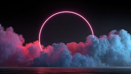 Neon circle in a smoky landscape