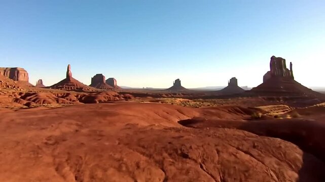 Smooth pan across desert plateau with distant mesa formations with high-quality landscape detail and arid theme