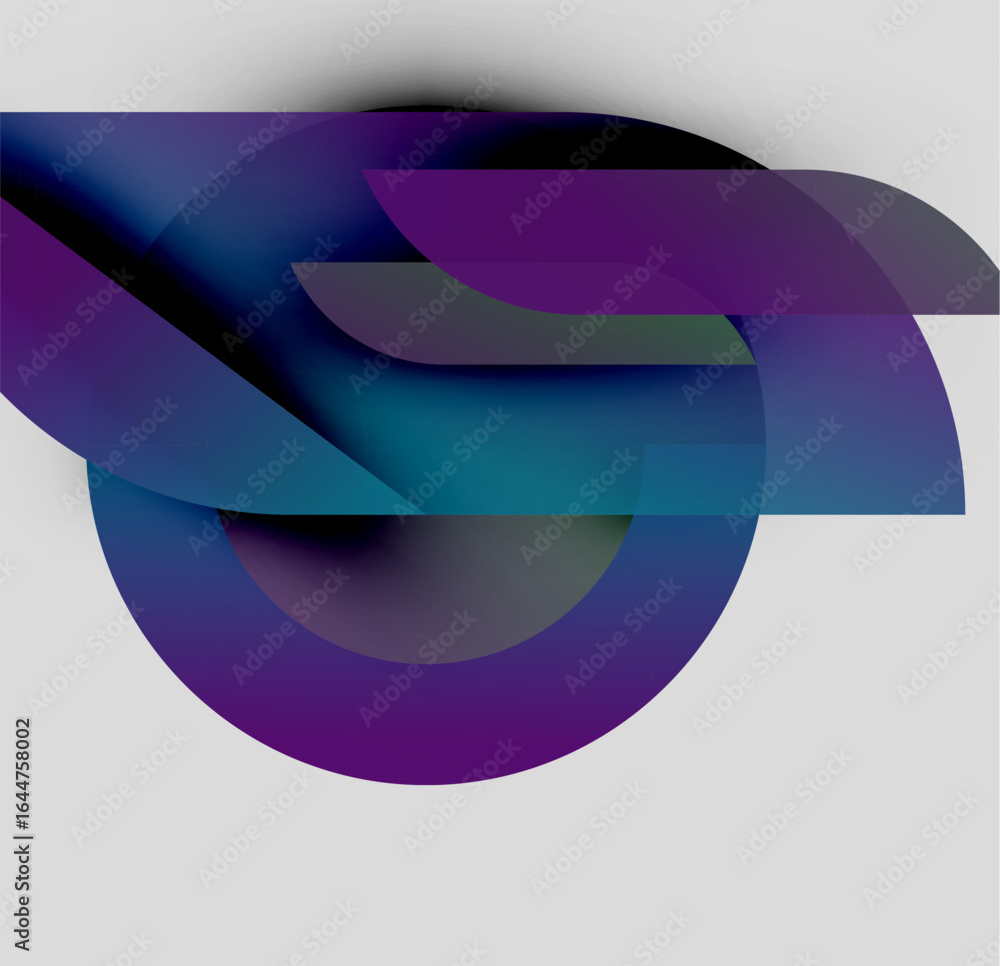 Poster abstract composition. overlapping translucent shapes create dynamic visual effect. purple, blue hues