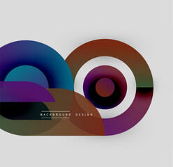 Abstract geometric shapes overlap, creating vibrant color gradients. Modern design elements suggest depth, texture, visual harmony.