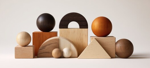 Geometric wooden shapes, various colors and sizes, arranged on a plain background