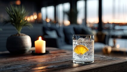 A crystal glass of ice and citrus rests on a rustic wooden table, illuminated by candlelight, in a dimly lit, upscale lounge with a sunset view