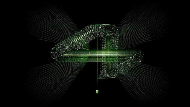 Abstract digital numeral four, rendered in glowing green lines and particles, radiating outwards on a black background