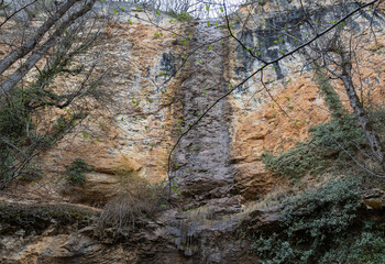 the structure of the rock surface in the section, quarrying in the natural environment, sunny day