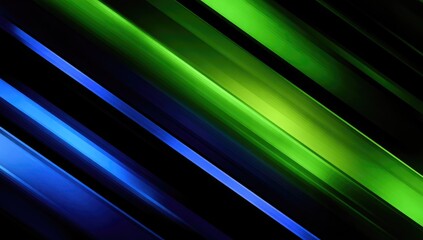 Abstract diagonal lines of vibrant green and blue light on a dark background