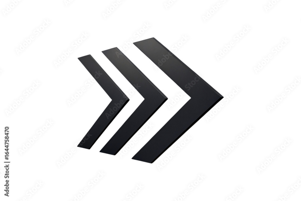 Poster three black chevron arrows pointing right in perspective view, bold directional symbols with shadow 