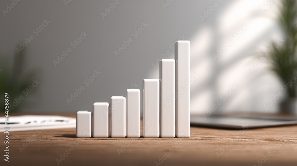 Aufkleber laptop displaying financial data with a stack of white blocks symbolizing business growth and strate