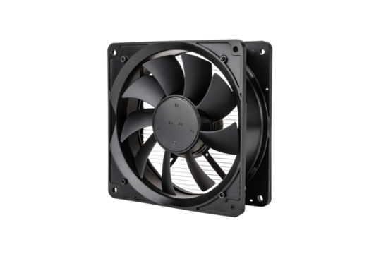 Black square computer cooling fan with multiple blades for ventilation airflow, isolated on a transparent background