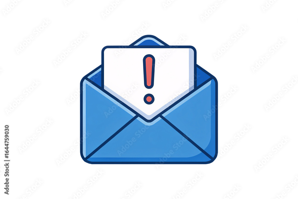 Poster blue envelope with exclamation mark warning icon partially opened with letter inside, isolated on a 