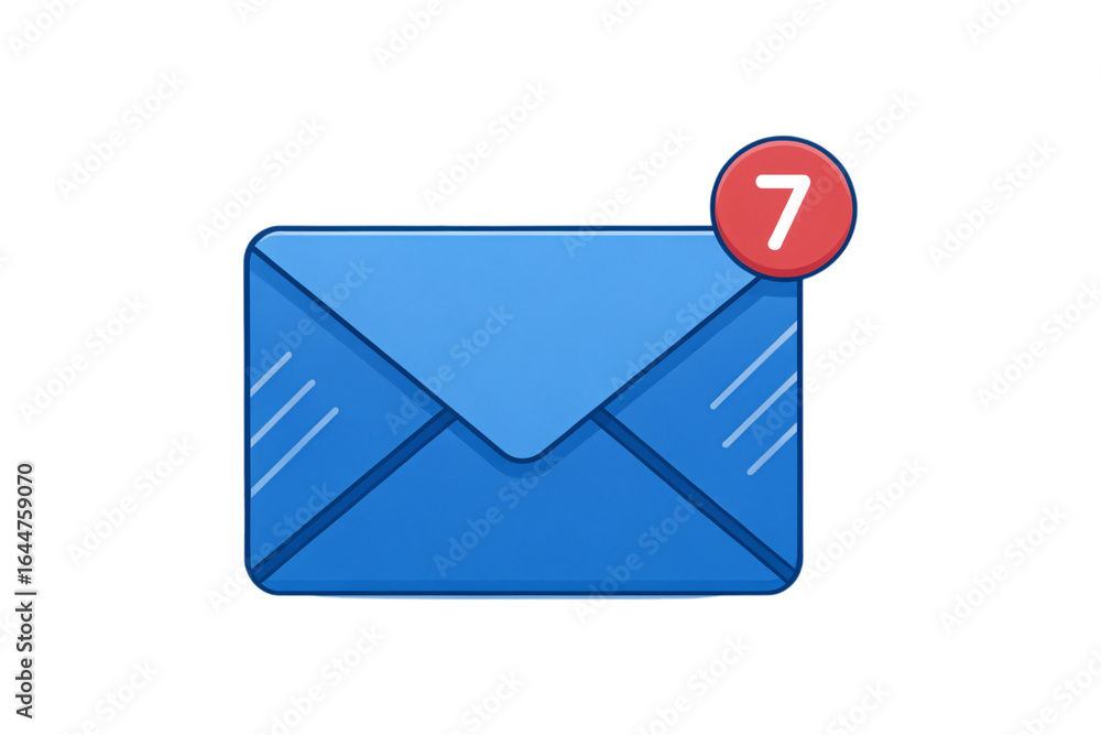 Poster blue closed envelope with red circular notification badge showing number seven, isolated on a transp