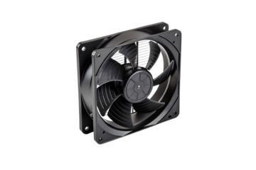 Black square computer cooling fan with angular blades in modern design, isolated on a transparent background